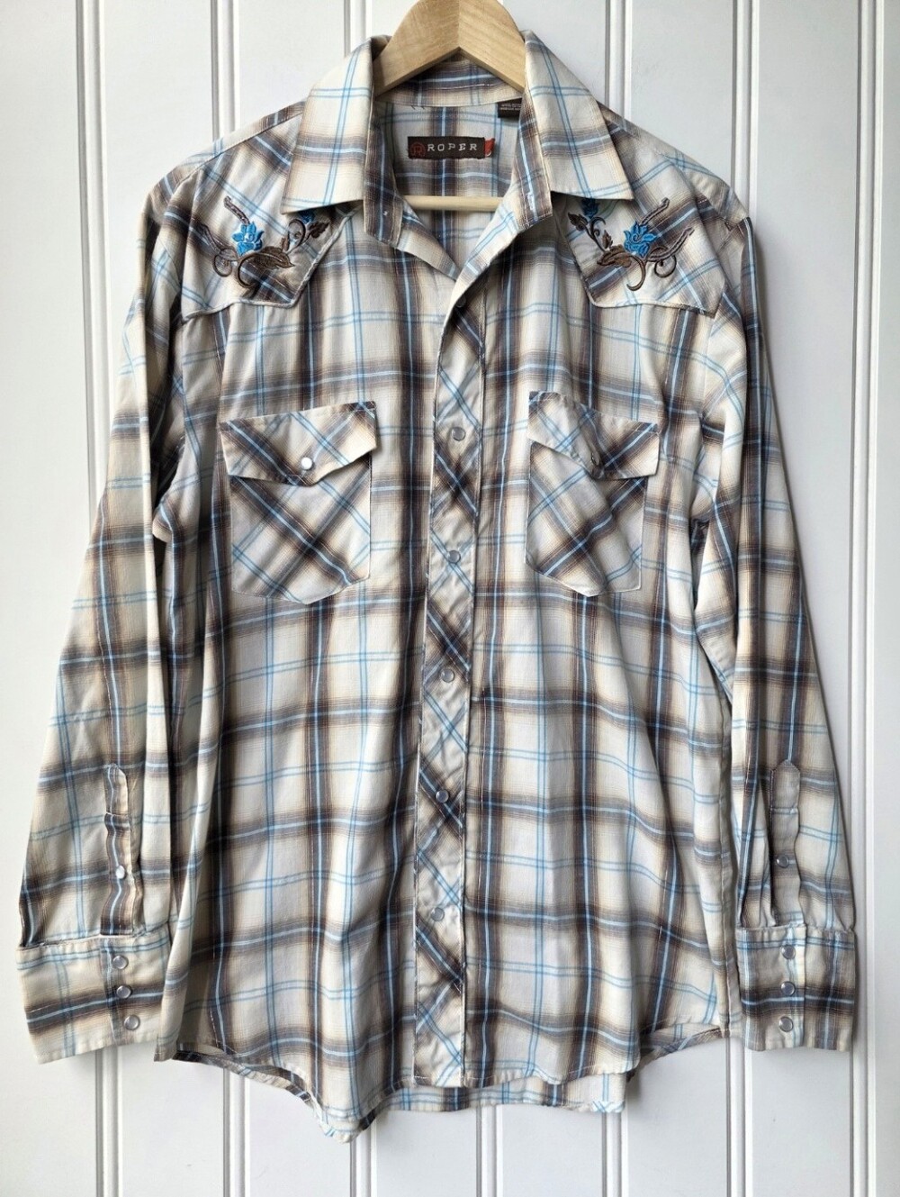 Roper Western Tan Blue Plaid Pearl Snap Long Sleeve Cowboy Shirt Mens Large